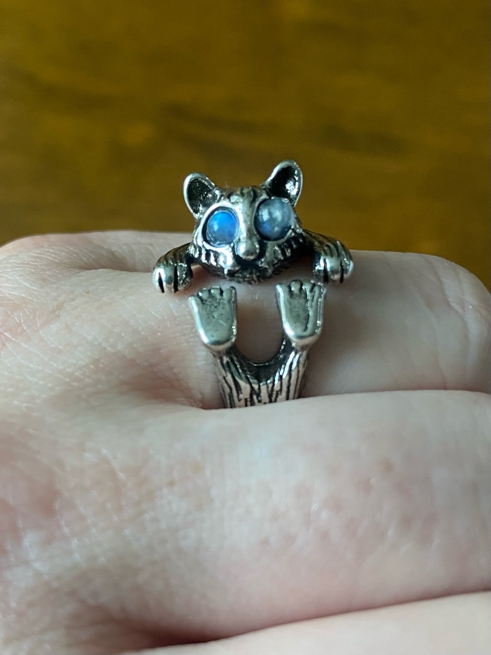 Stainless Adjustable Cat Wrap Ring with Labradorite Eyes